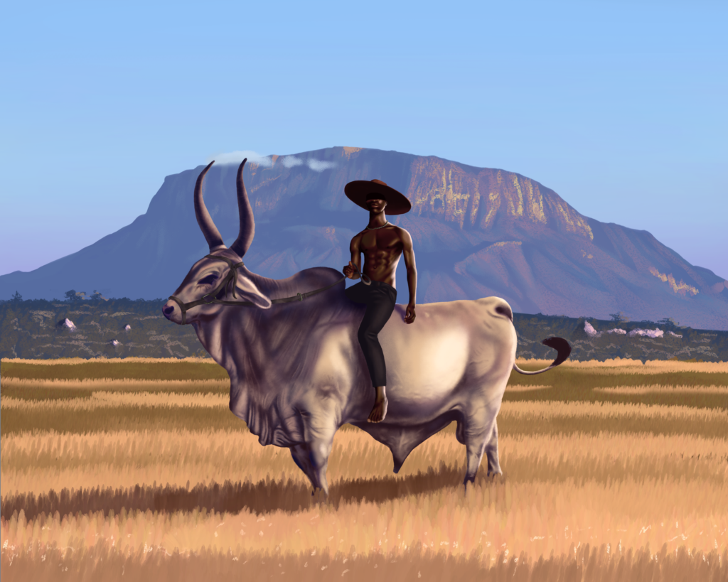 Fahali. Illustration of young man confidently riding a bull with the sprawling grassland in the backdrop. Inspired by the sudanese and Ugandan long-horned cattle breeds.